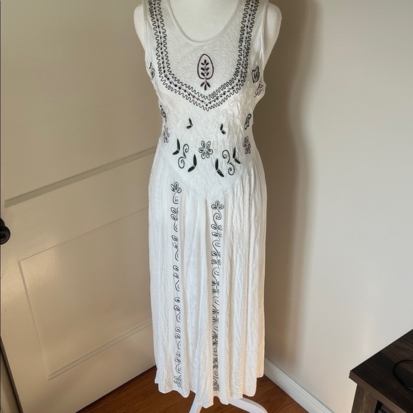 Vintage 90s Y2K White Embroidered Boho drop waist Midi Dress Free Size romantic - Picture 2 of 14